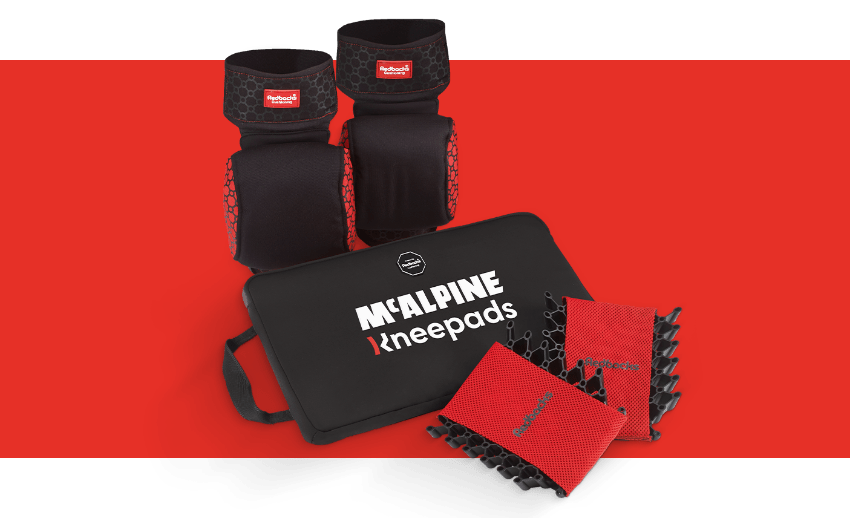 McAlpine Kneepads with Redbacks® Cushioning Technology products, showing the strapped kneepads, kneeler mat and pocket kneepads